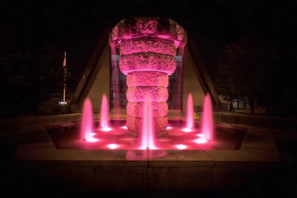 The Tower Park fountain illuminated at night